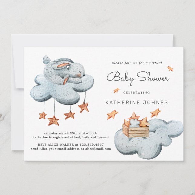 Joli lapin dans les nuages Baby shower Invitation (Devant)