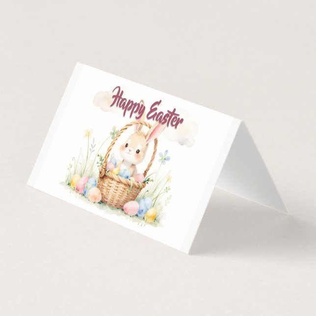 Joli lapin de Pâques dans un panier avec des œufs  (Front)
