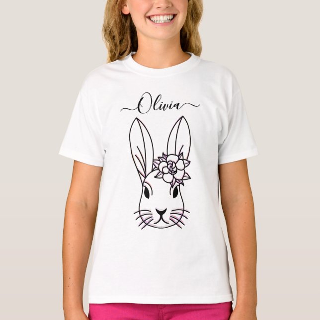 Joli lapin et fleur. Personnaliser T-Shirt (Devant)
