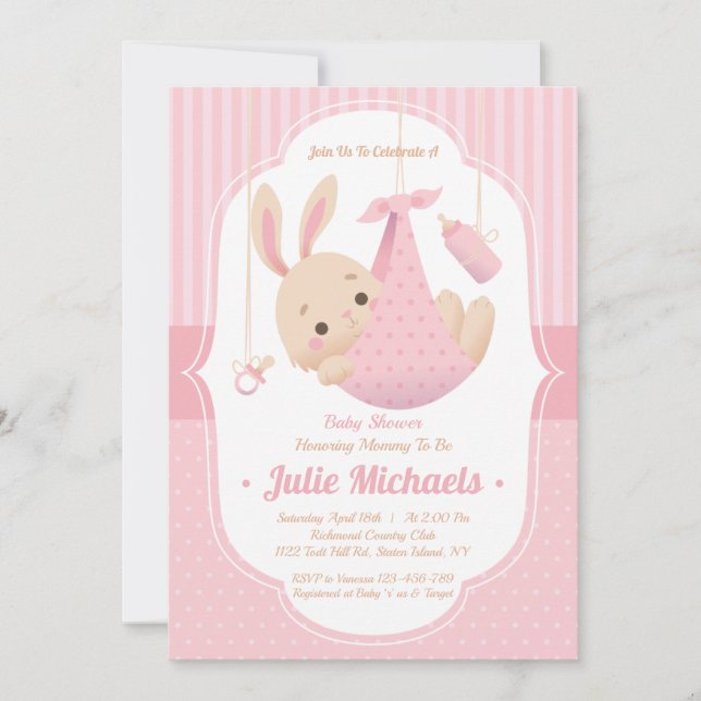 Joli lapin lapin Baby shower Invitation fille (Devant)