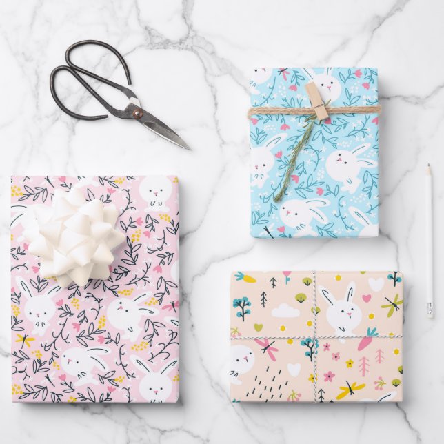 Joli Lapin Lapin Enveloppement Papier Set de 3 (Recto)