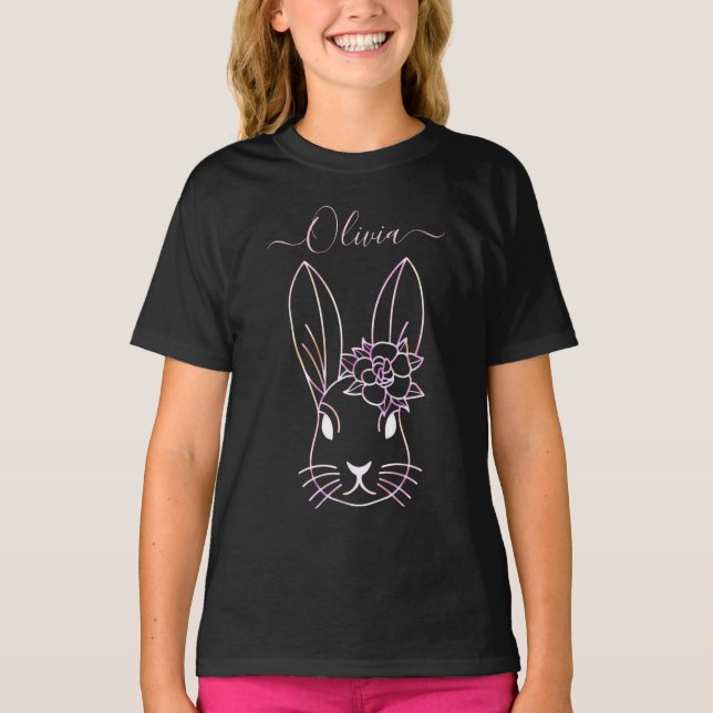 Joli lapin rose et fleur. Personnaliser T-Shirt (Devant)