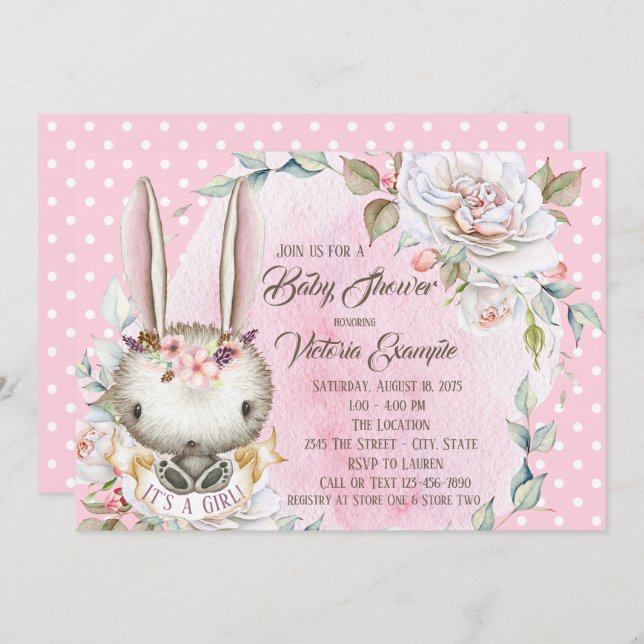 Joli lapin rose lapin Baby Douche Invitations (Devant / Derrière)