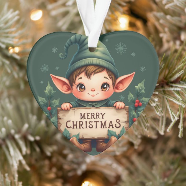 Joli Lutin de Noël Tenant un Panneau Joyeux Vert (Arbre)