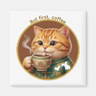Joli Magnet Chat Orange Buvant du Thé Café