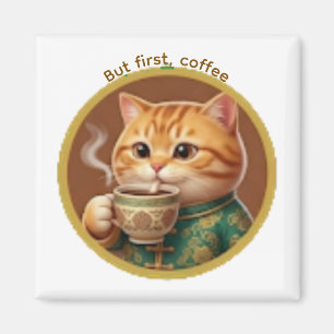 Joli Magnet Chat Orange Buvant du Thé Café
