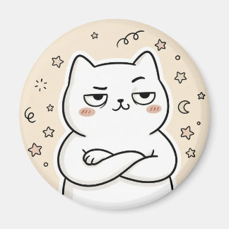 Joli Magnet Rond Chat Blanc Grincheux Kawaii