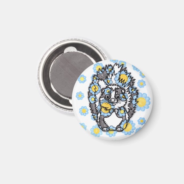 Joli magnet rond représentant un moufette avec des (Recto/Verso)