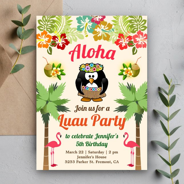 Joli manchot hawaïen | Invitation d'anniversaire L (Créateur téléchargé)