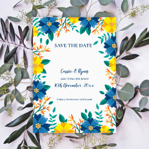 Joli mariage floral jaune bleu Enregistrer la date