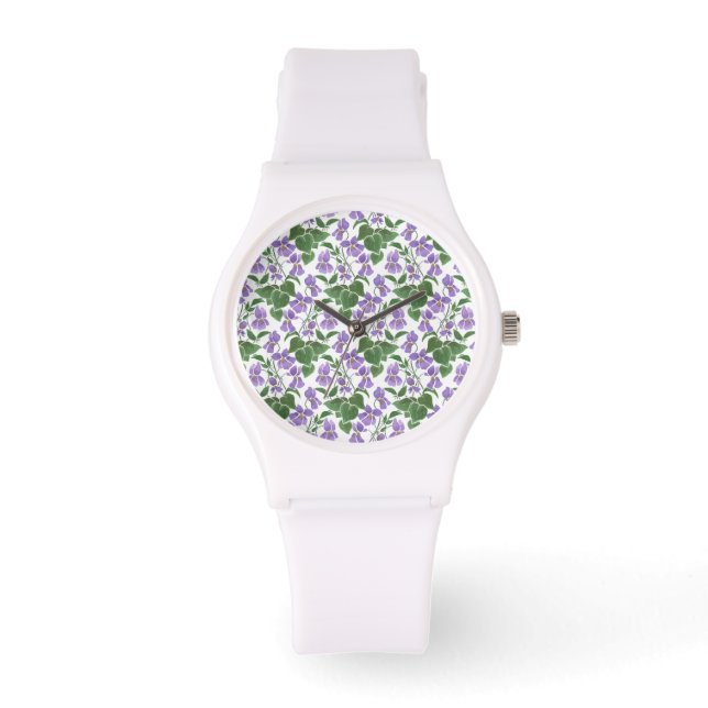 Joli Mauve Violets Floral Blanc Montre Sportive (Recto)