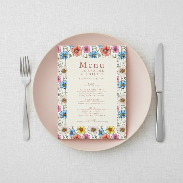 Joli menu de mariage fleur sauvage coloré (Pretty colorful wildflower wedding meal menu.)