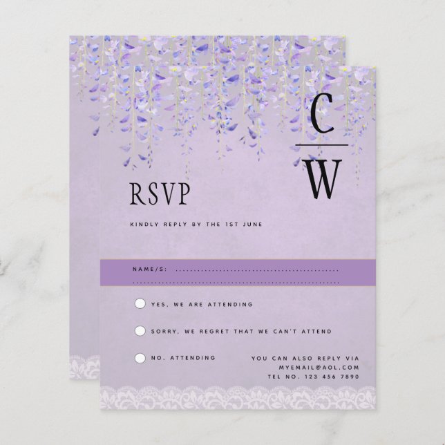 Joli moderne Wisteria dentelle violet mariage RSVP (Devant / Derrière)