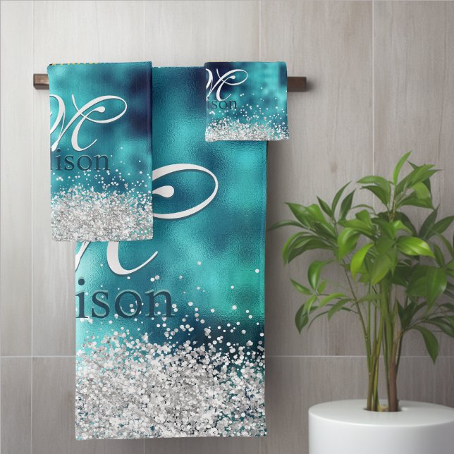 Joli monogramme faux paillettes argent turquoise (Créateur téléchargé)
