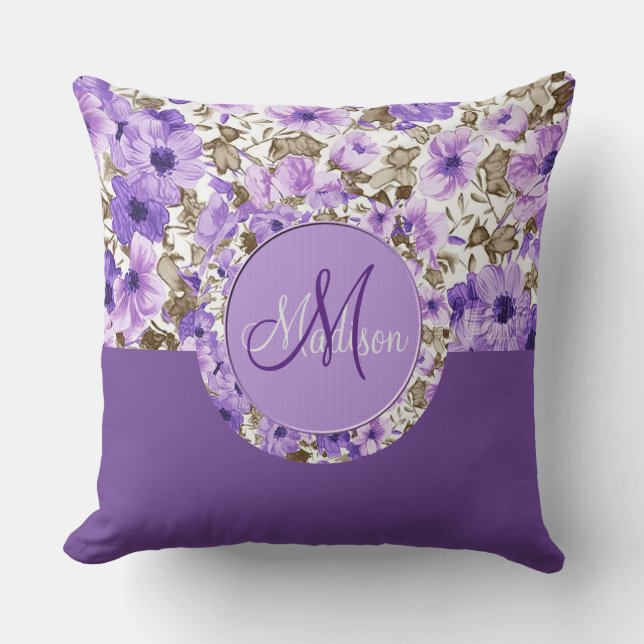 Joli Monogramme violet et blanc Coussin floral 3 (Recto)