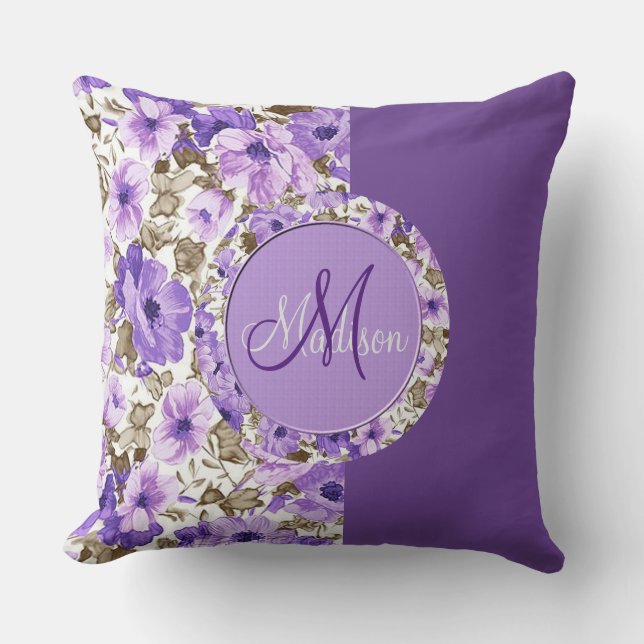 Joli Monogramme violet et blanc Coussin floral 4 (Recto)