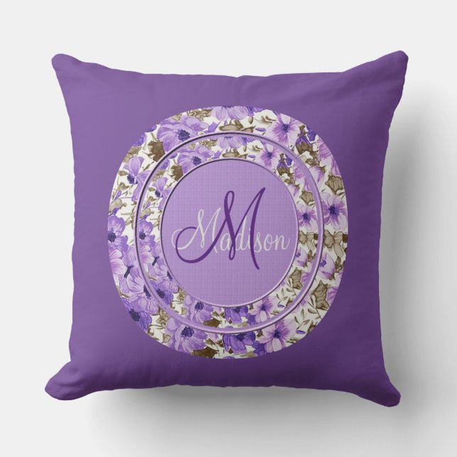 Joli Monogramme violet et blanc Coussin floral 5 (Recto)