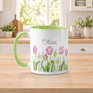 Joli mug à café aux tulipes roses et jonquilles bl