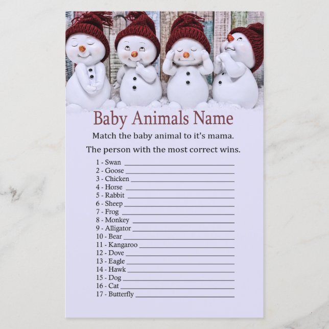 Joli Noël Snowman Bébé Animaux Nom Jeu (Devant)