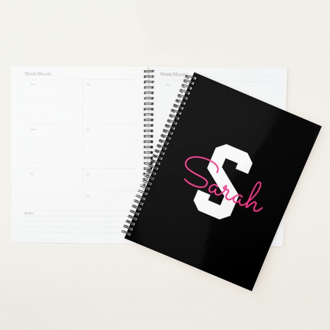 Joli nom et monogramme | Noir Blanc et Rose (Devant avec enveloppe)