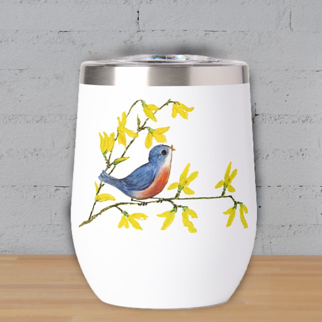 Joli Oiseau rouge bleu sur Branche Fleurs jaunes (Cute little red and blue bird on branch with bright yellow flowers on drink thermal tumbler.)