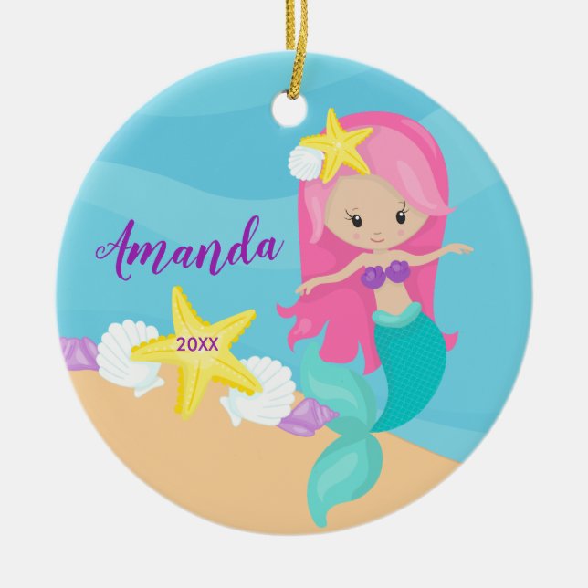 Joli Ornement de Noël en forme de sirène rose (Devant)