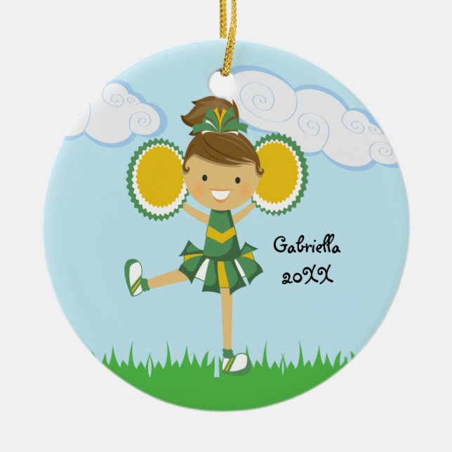 Joli ornement de Noël vert et jaune Pom-pom girl (Devant)