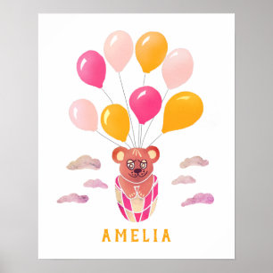 Joli Ours en Peluche Ballons Roses Affiche avec le