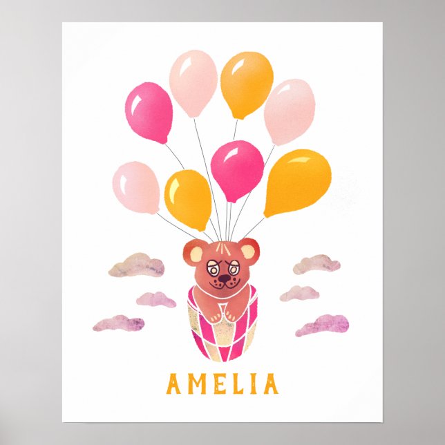Joli ours en peluche ballons roses affiche prénom  (Devant)