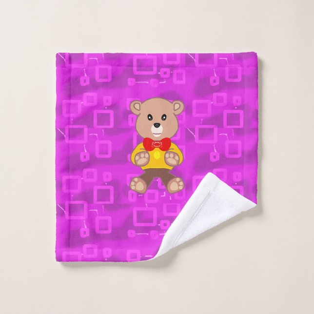 Joli ours en peluche sur fond géométrique rose  (Gant de toilette)