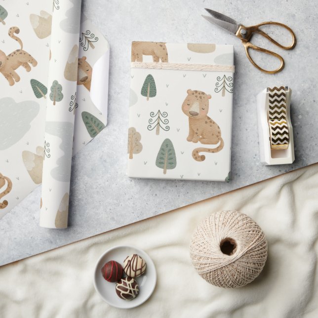 Joli papier cadeau bébé léopard safari jungle  (Artisanat)