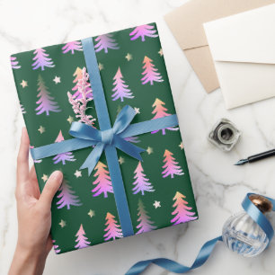 Joli papier cadeau de Noël vert arbres roses