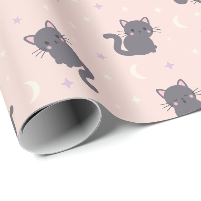 Joli Papier Cadeau Gris Rose Chat (Coin rond)