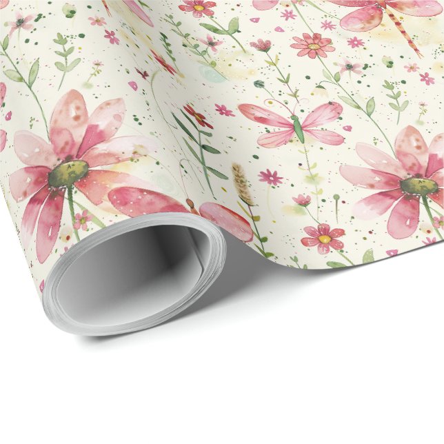 Joli papier d'emballage cadeau fleur rose libellul (Coin rond)