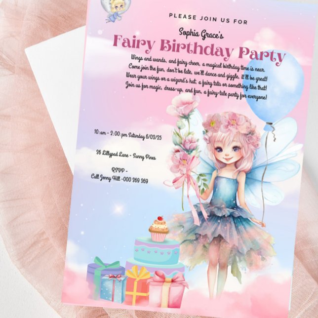 Joli Pastel Fairy Anniversaire Fête Invitation (Gorgeous Pink & Blue Fairy Birthday Party Invitation - Fully Customizable)