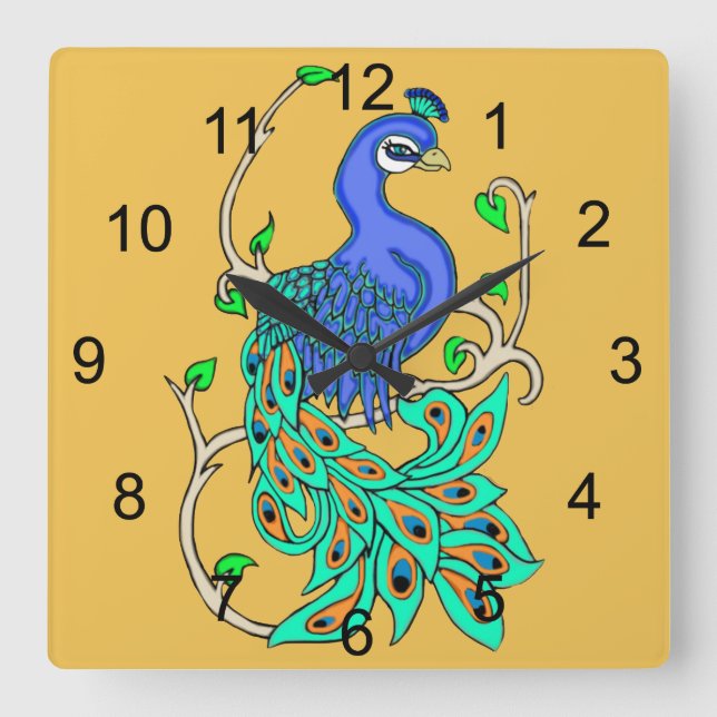 Joli Peacock Carré Horloge murale (Recto)