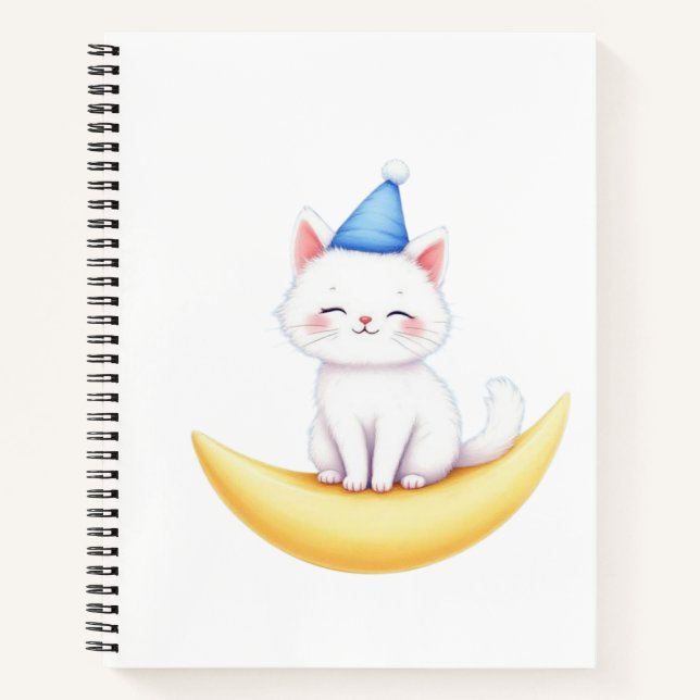 Joli petit chaton blanc sur un cahier spiralé lune (Devant)