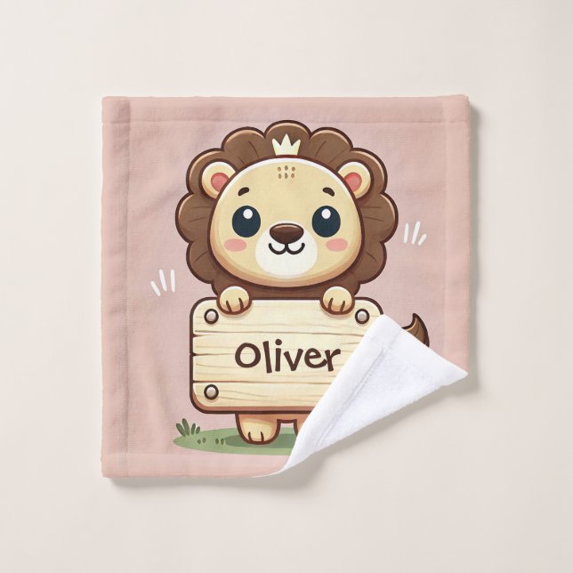 Joli Petit Lion avec un Panneau de Nom (Gant de toilette)