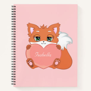 Joli petit renard tenant un cahier en forme de cœu
