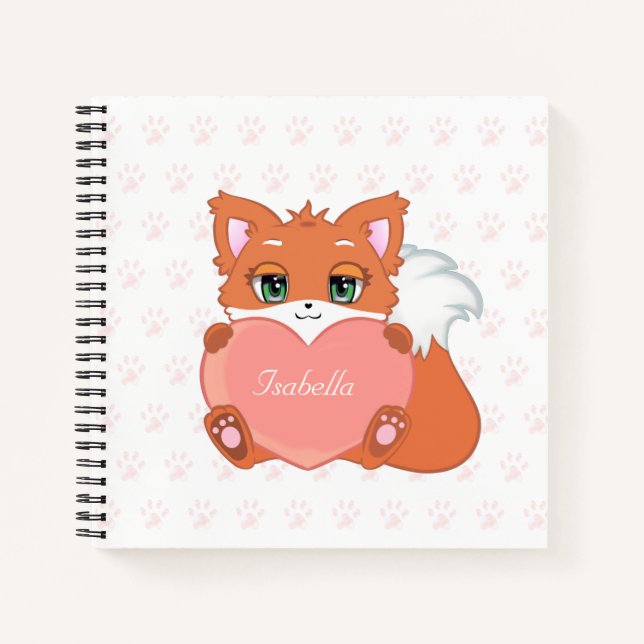 Joli petit renard tenant un cahier en forme de cœu (Devant)