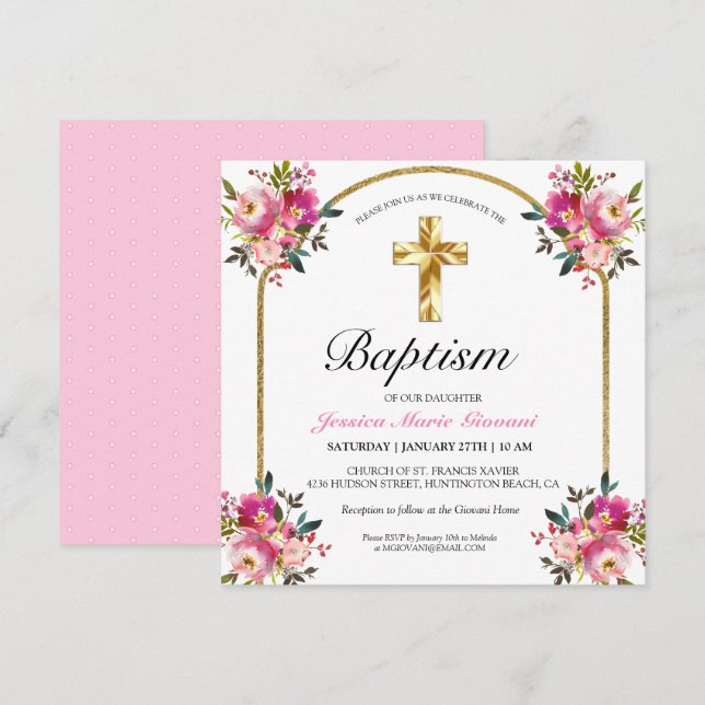 Joli PInk Floral Gold Cross Baptism Invitation (Devant / Derrière)