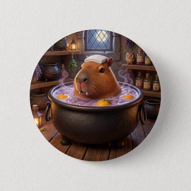Joli pin's bouton vampire avec capybara dans un ch (Devant)