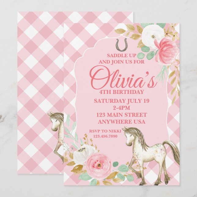 Joli poney invitation anniversaire fleuri boho che (Devant / Derrière)
