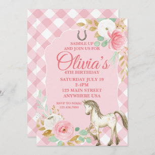 Joli poney invitation anniversaire fleuri boho che