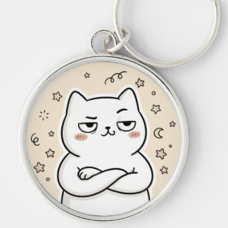 Joli porte-clés rond chat blanc grincheux Kawaii