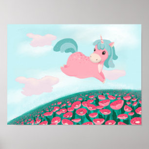 Joli Poster de Licorne de Dessin Animé Rose e