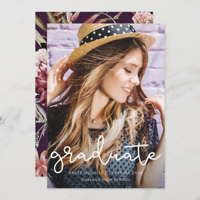Joli Purple Floral Graduation Photo Faire-part (Devant / Derrière)