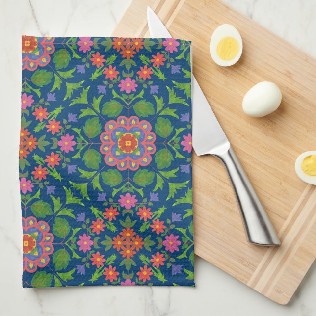 Joli Rangoli Floral, Serviette De Cuisine Bleu Pro (Quart Plié)