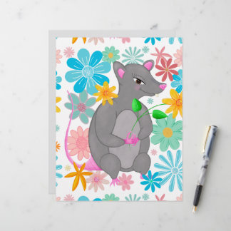 Joli rat gris fantaisiste fleurs pastel