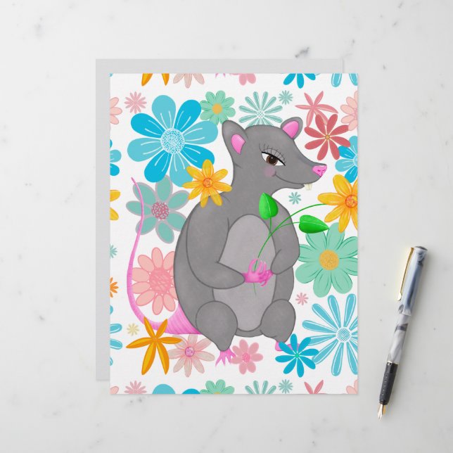 Joli rat gris fantaisiste fleurs pastel (Devant/Arrière en situation)